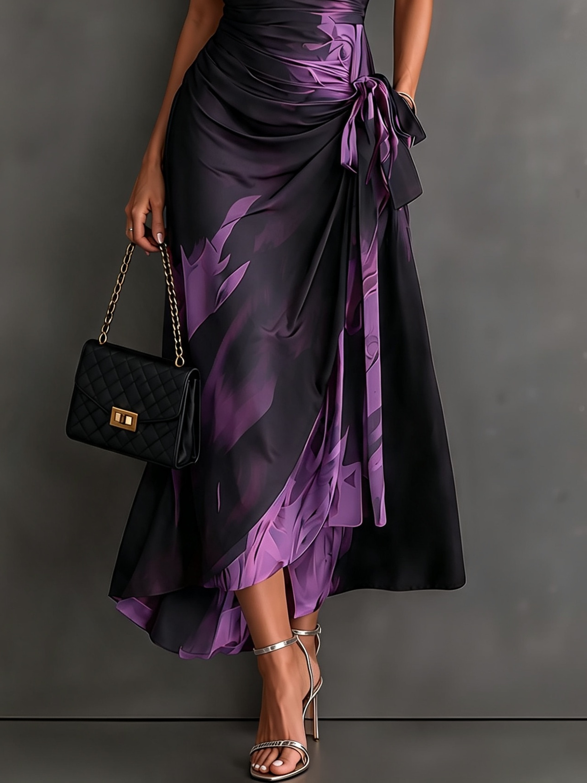 Red Black Abstract Print Wrap Midi Dress with Collared V Neck, Short Sleeves, Tie Waist, and Ruffled High-Low Hem
