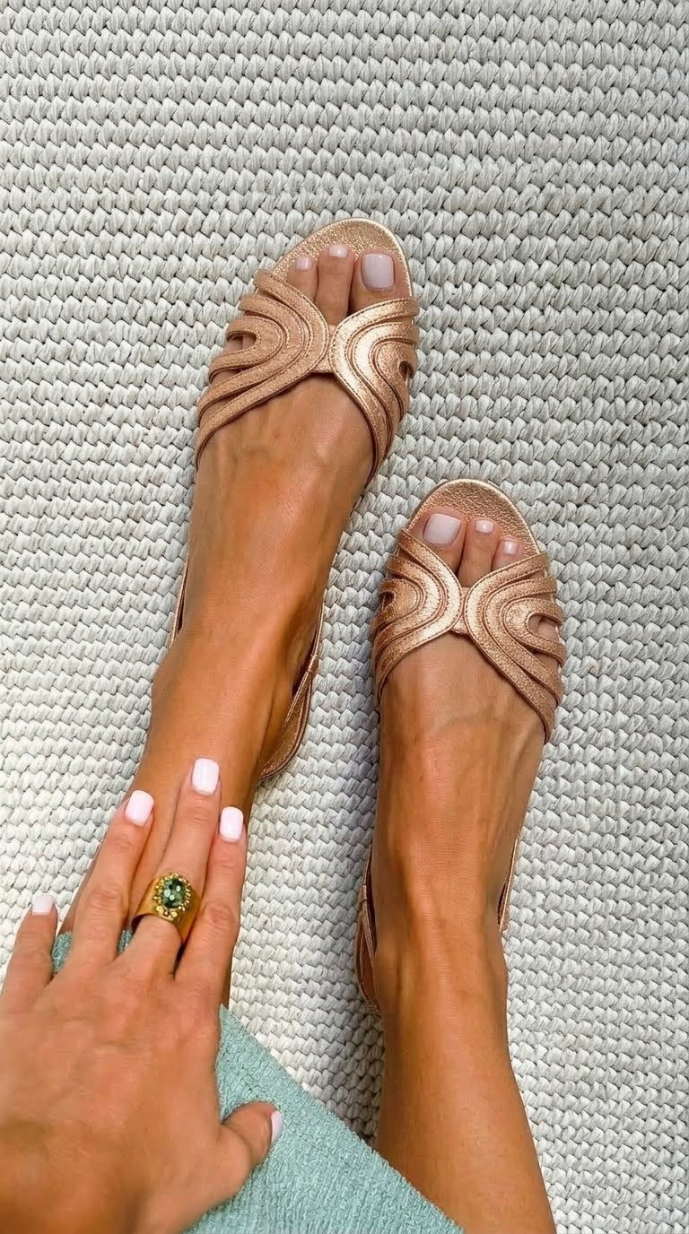 Rose Gold Wavy Flat Sandals with Straps and Open Toe