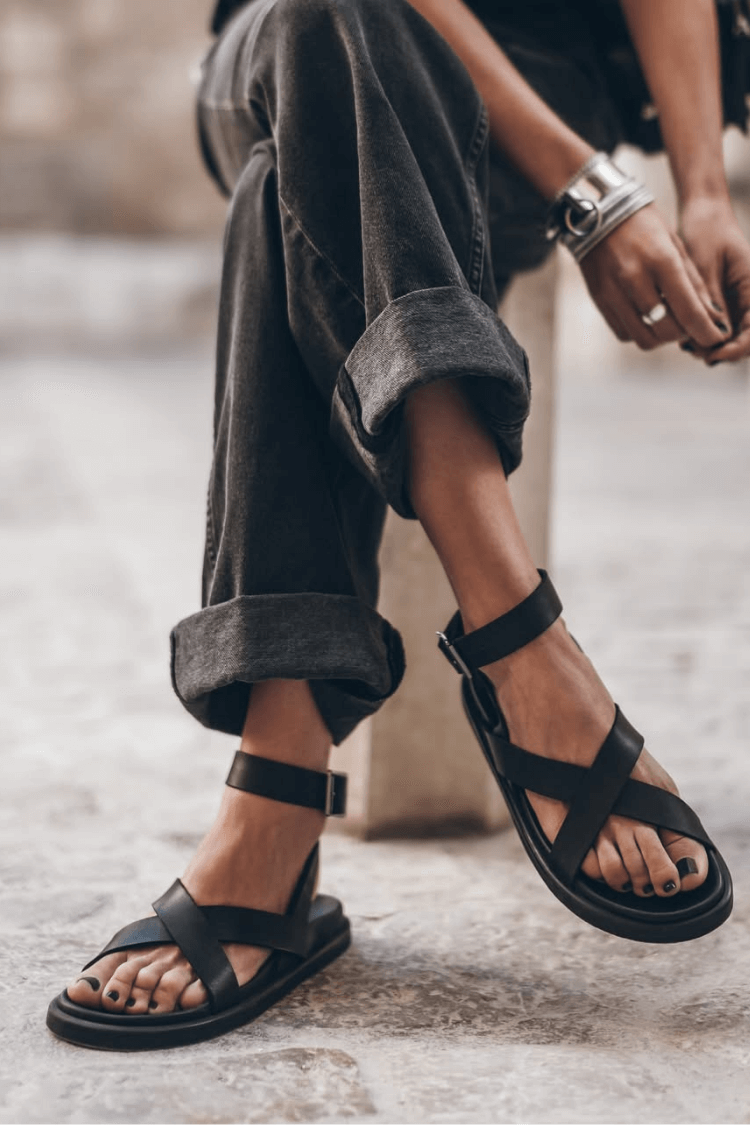Opaque open-toe faux leather sandals with ankle strap and crossover straps