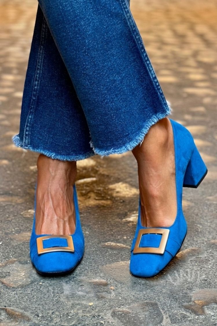 Wide Patchwork Heels Navy Blue with Square Toe