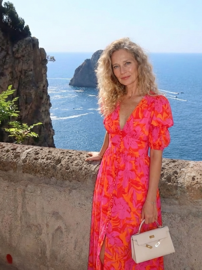 Stella & Grace | Floral V Neck Puff Sleeve Midi Dress