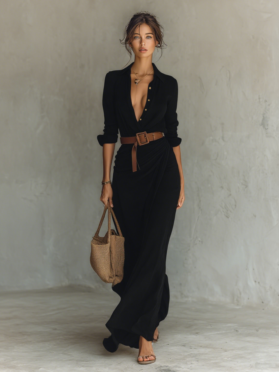 Federica - Long Dress with Lapels and Long Sleeves