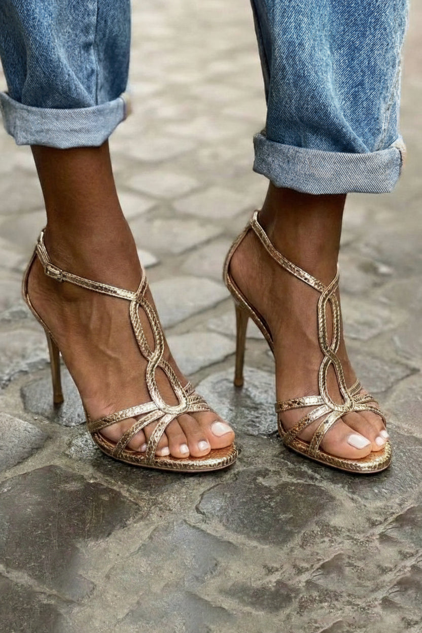 Champagne Gold High Heels with Ankle Strap and Straps