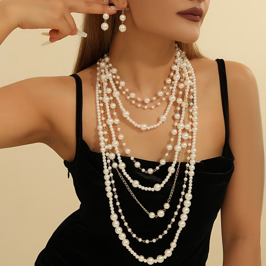 Boho statement set with multi-layered pearls