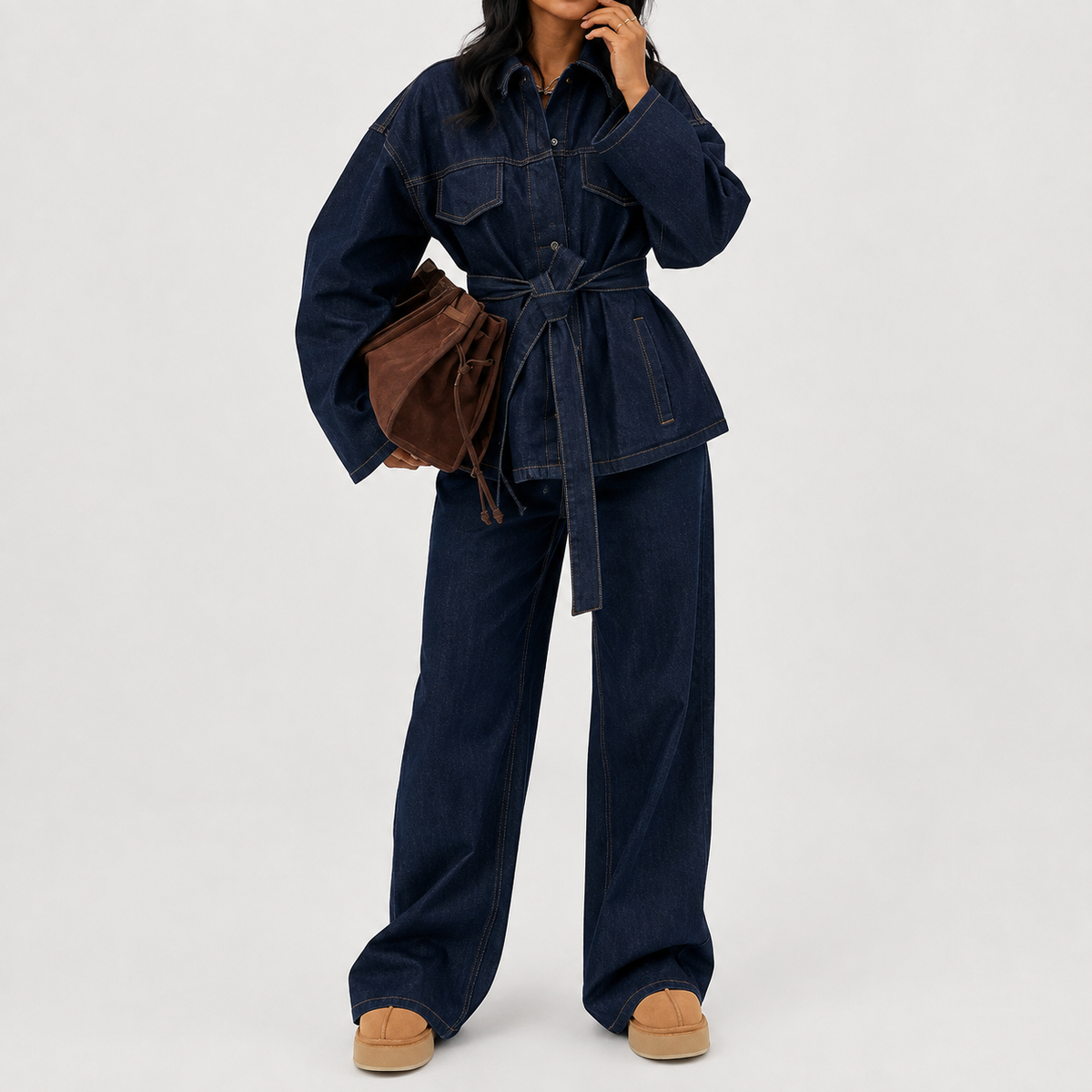 Coral two-piece denim set with belt