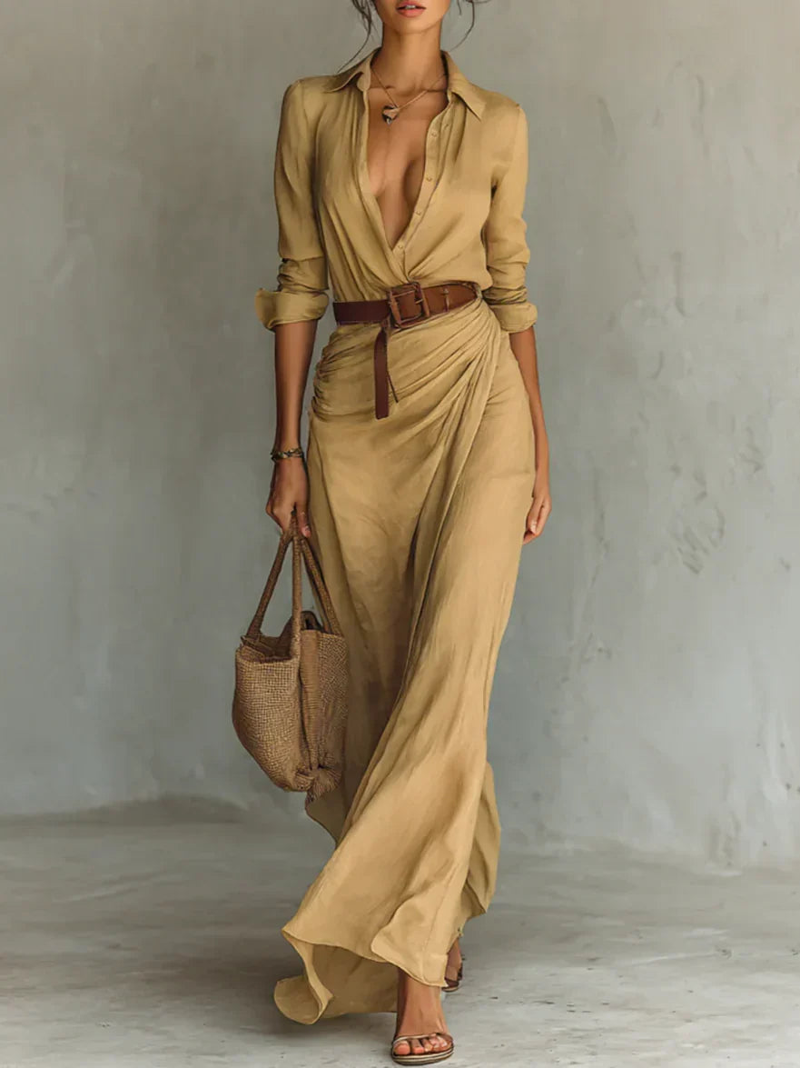 Camille | Maxi Dress with Lapel and Waist Belt
