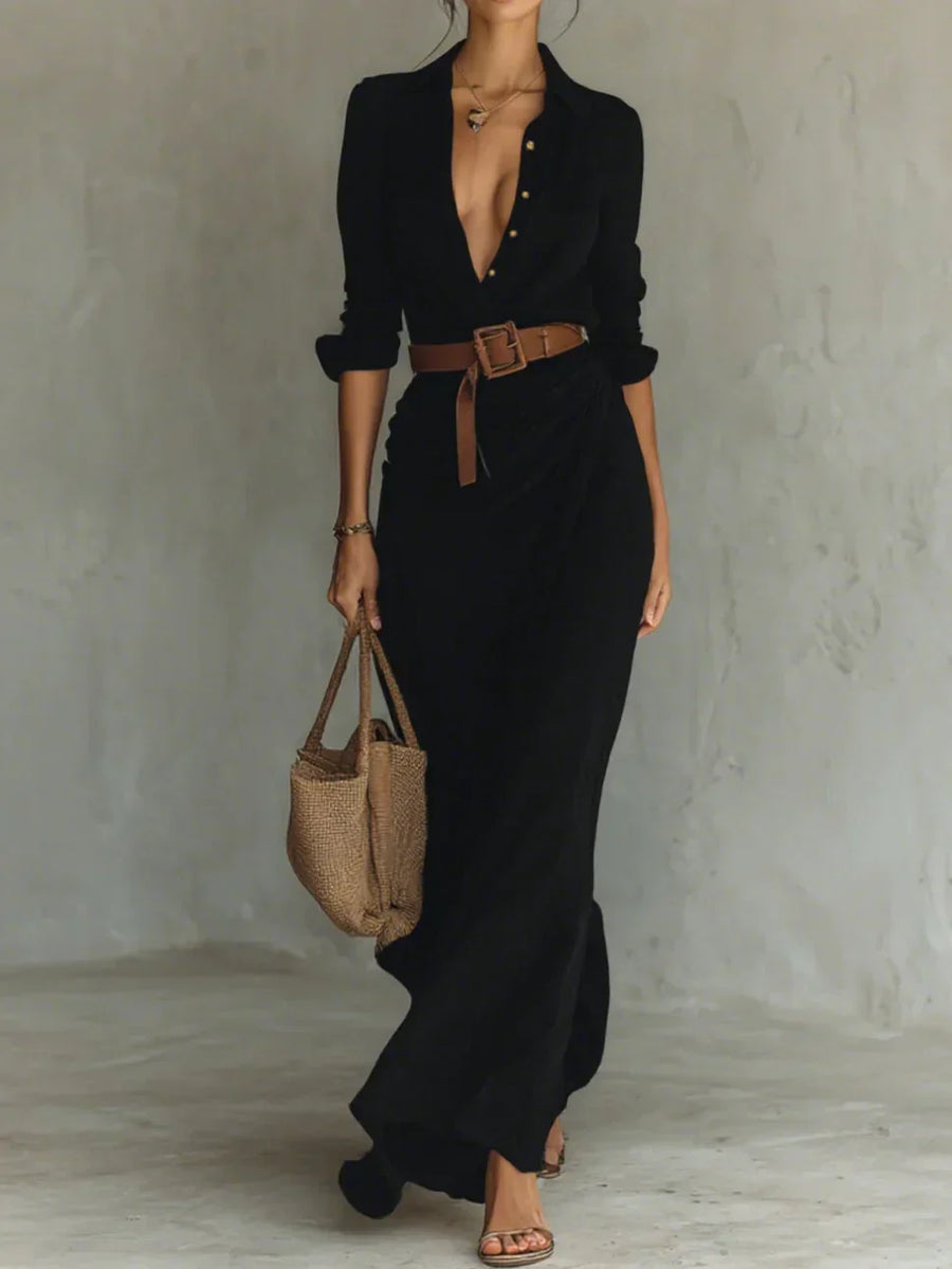 Camille | Maxi Dress with Lapel and Waist Belt