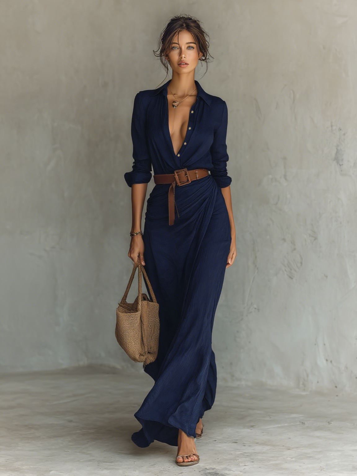 Federica - Long Dress with Lapels and Long Sleeves