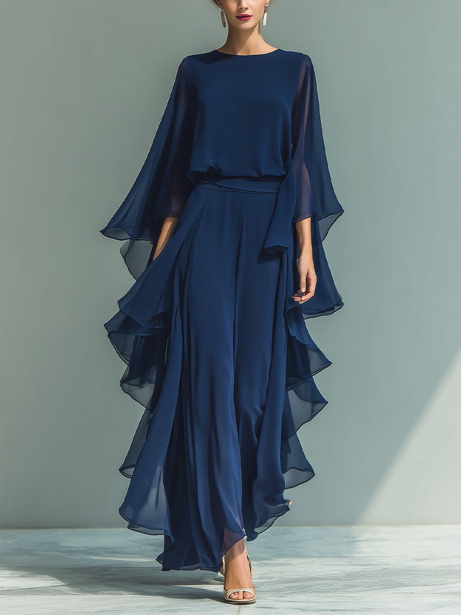 Margherita - Navy Blue Chiffon Set with Bell Sleeves and Ruffles