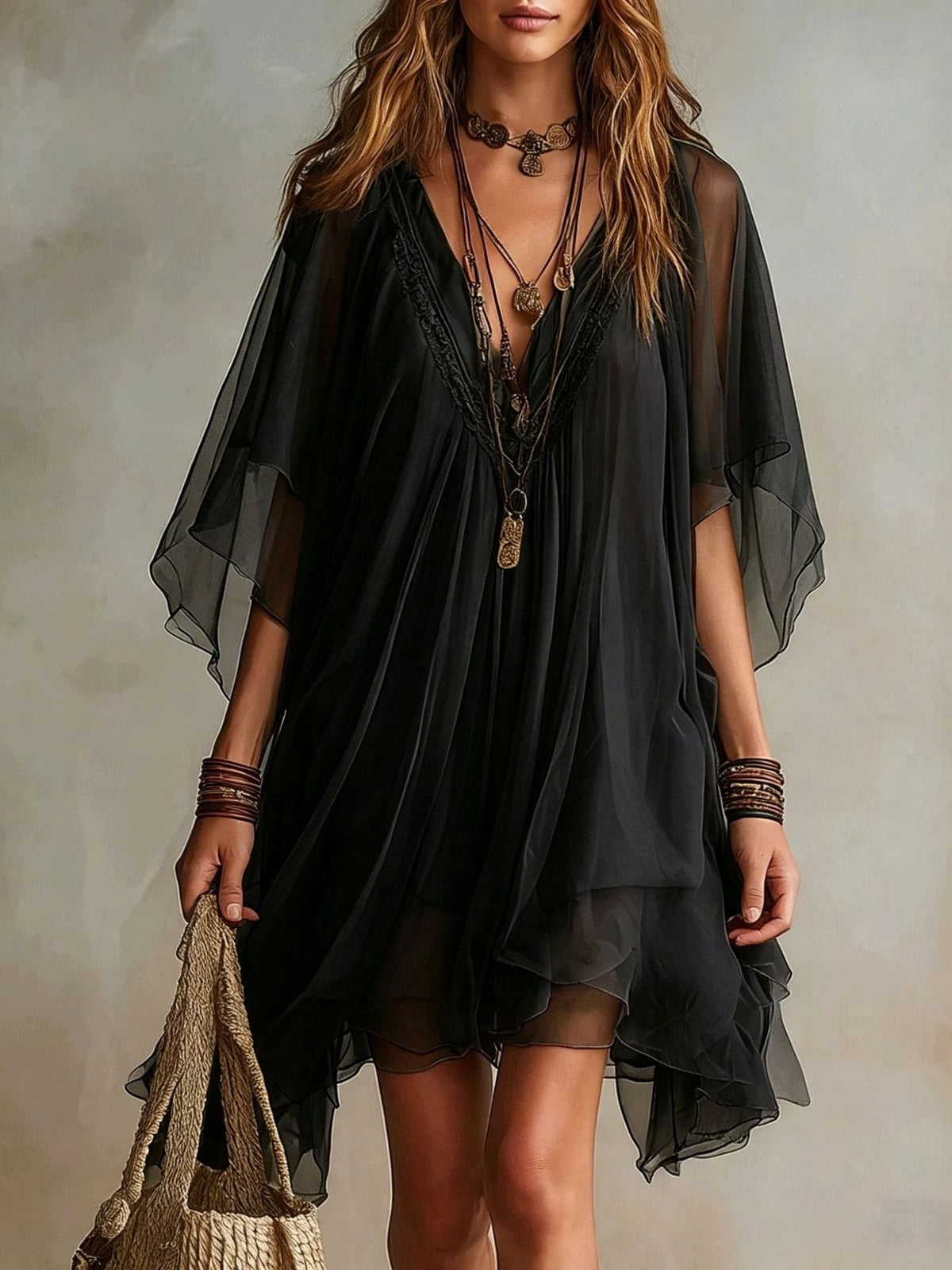 Emerald | Mini Layered Flowy Dress, Green V-Neck