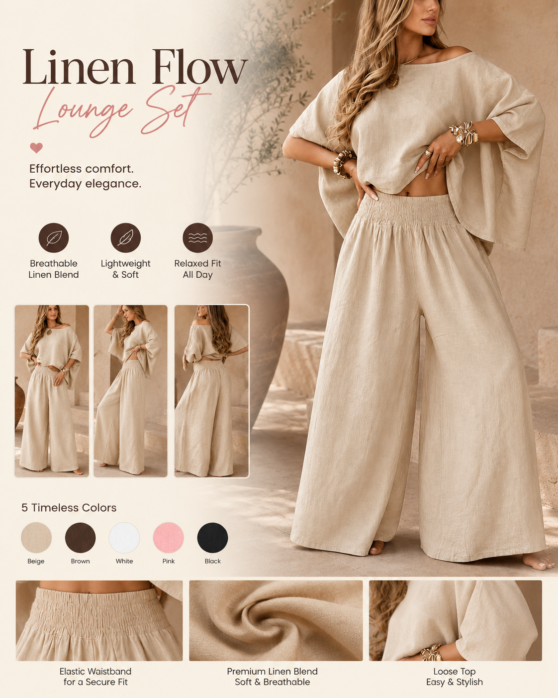 100% Cotton-Linen Relaxed Wide-Leg Set