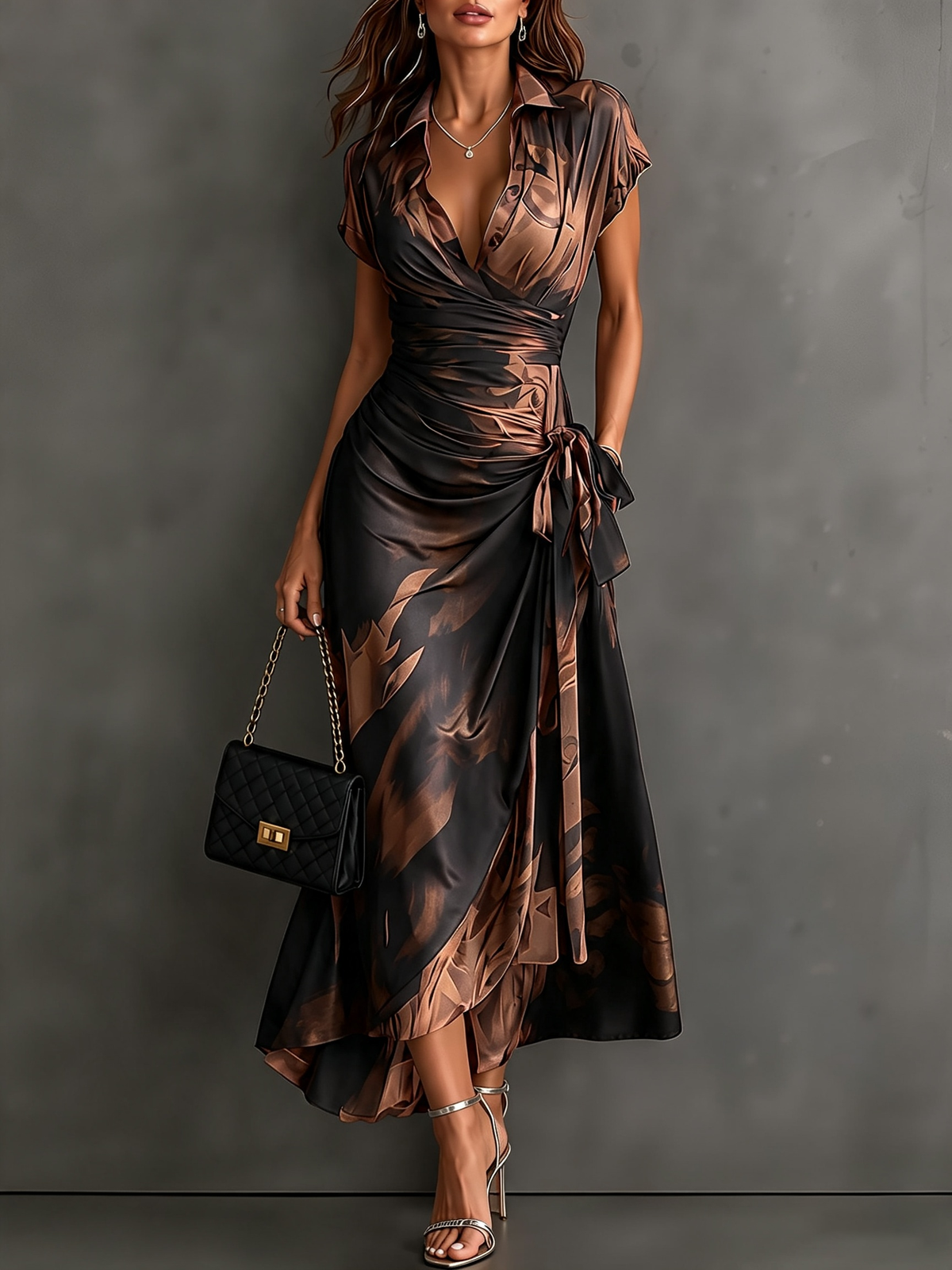 Red Black Abstract Print Wrap Midi Dress with Collared V Neck, Short Sleeves, Tie Waist, and Ruffled High-Low Hem