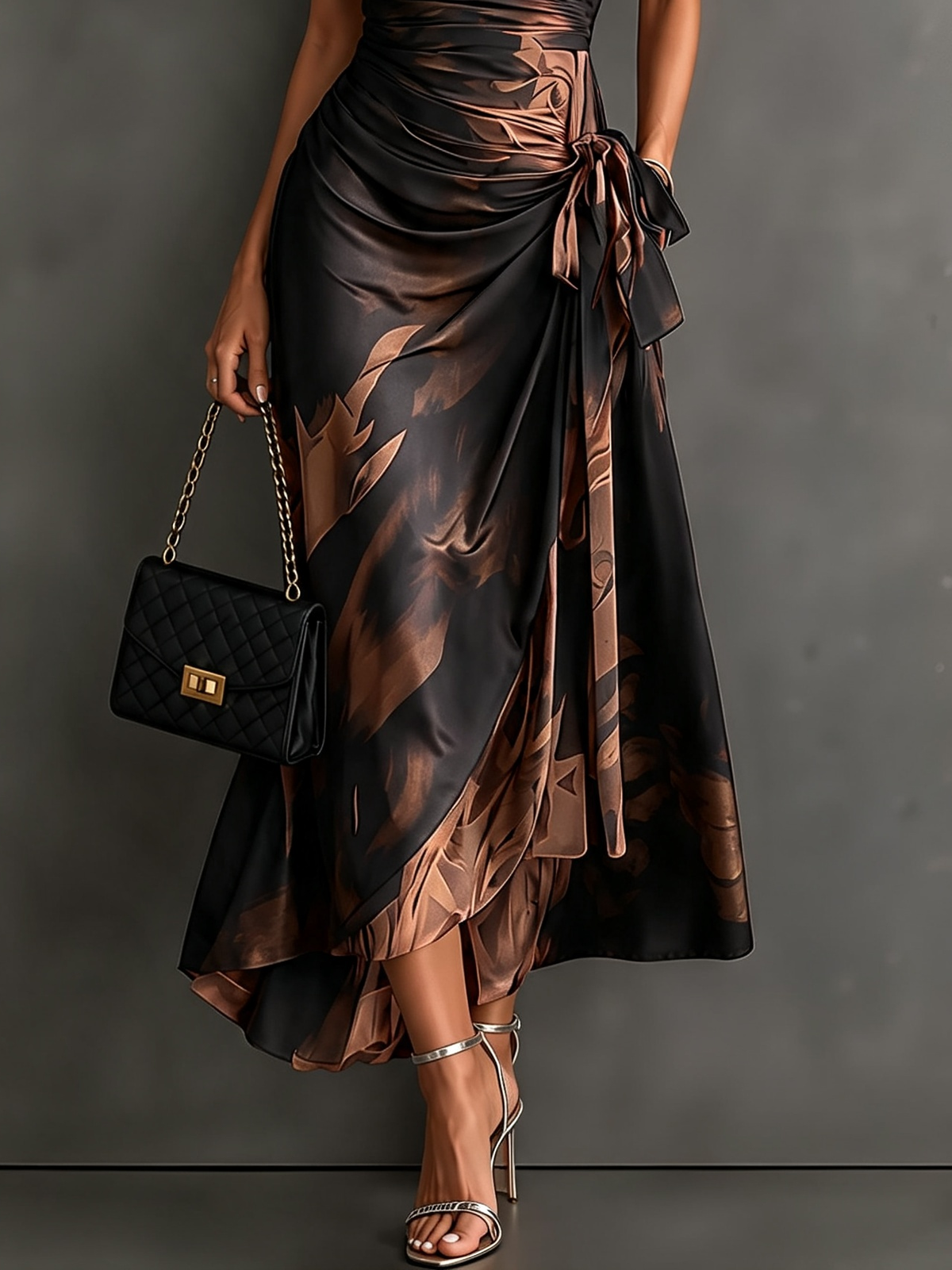 Red Black Abstract Print Wrap Midi Dress with Collared V Neck, Short Sleeves, Tie Waist, and Ruffled High-Low Hem