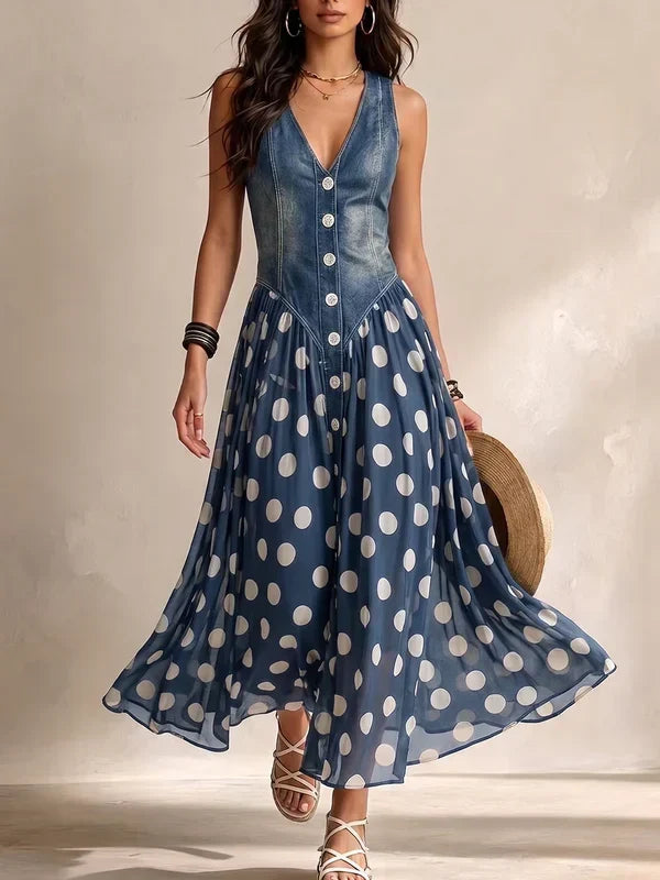 Elegant Denim Effect Dress with Polka Dot Chiffon Skirt