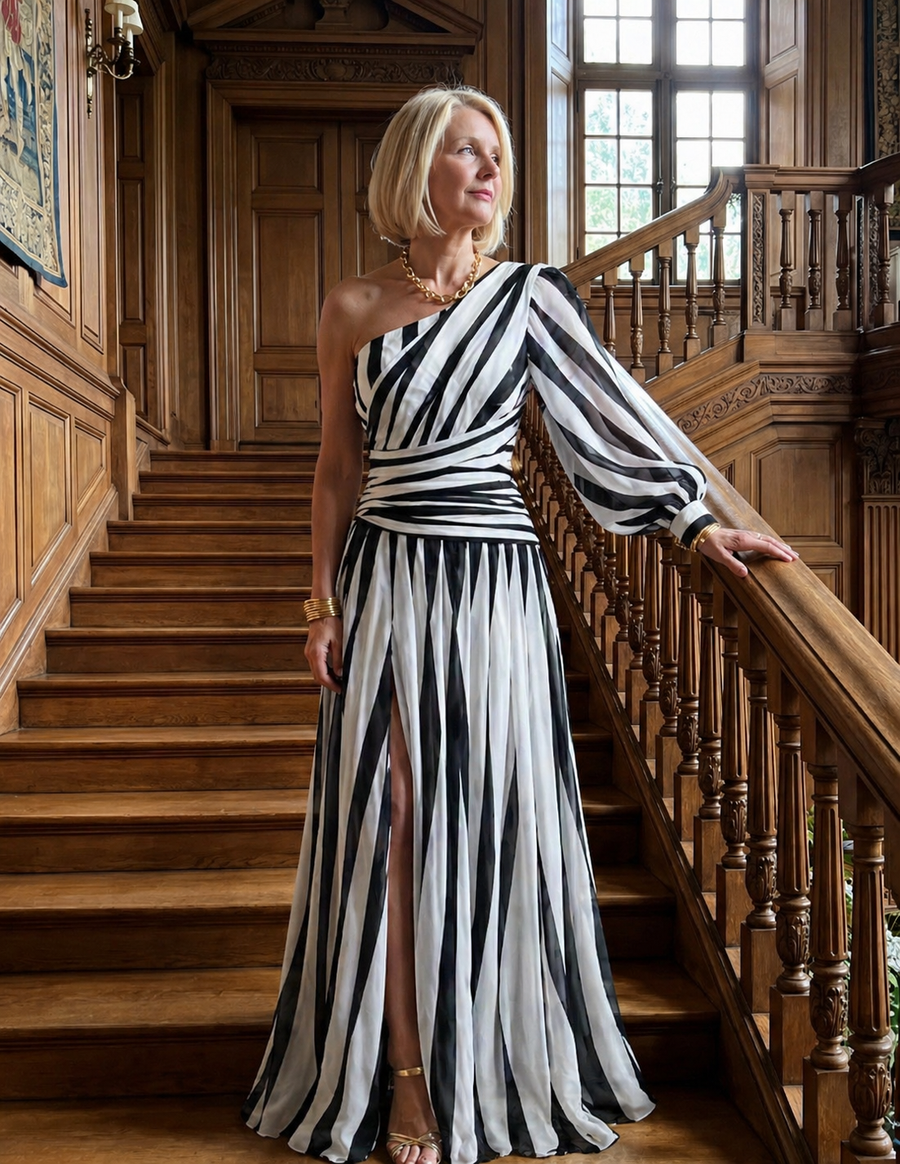 Ivy & Grace™ | Elegant Striped Maxi Dress with One Shoulder