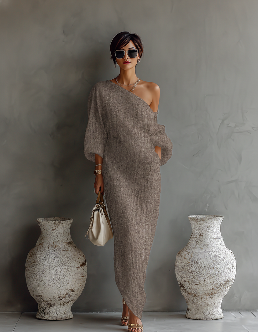 Rebecca - Ivory Flowing Dress with Off-the-Shoulder Design