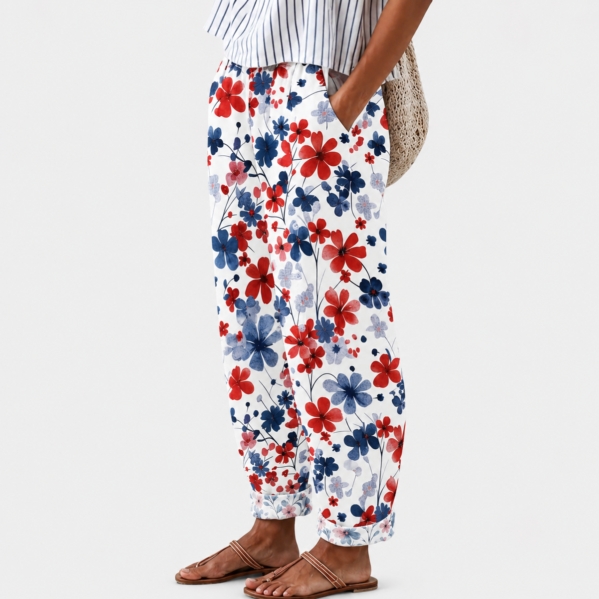Comfort trousers with red and blue floral print