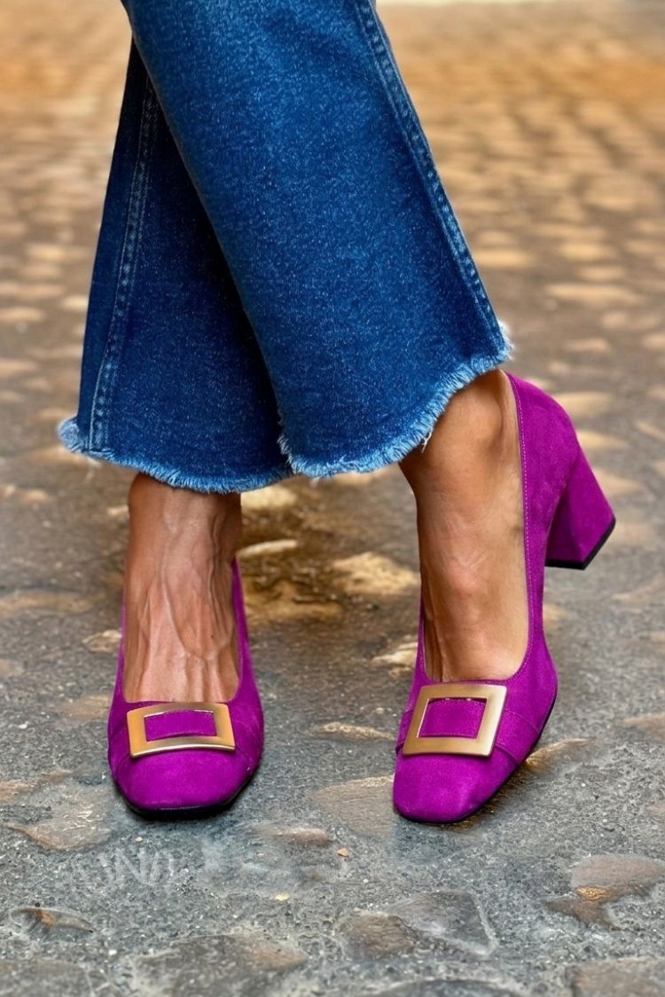 Wide Patchwork Heels Navy Blue with Square Toe