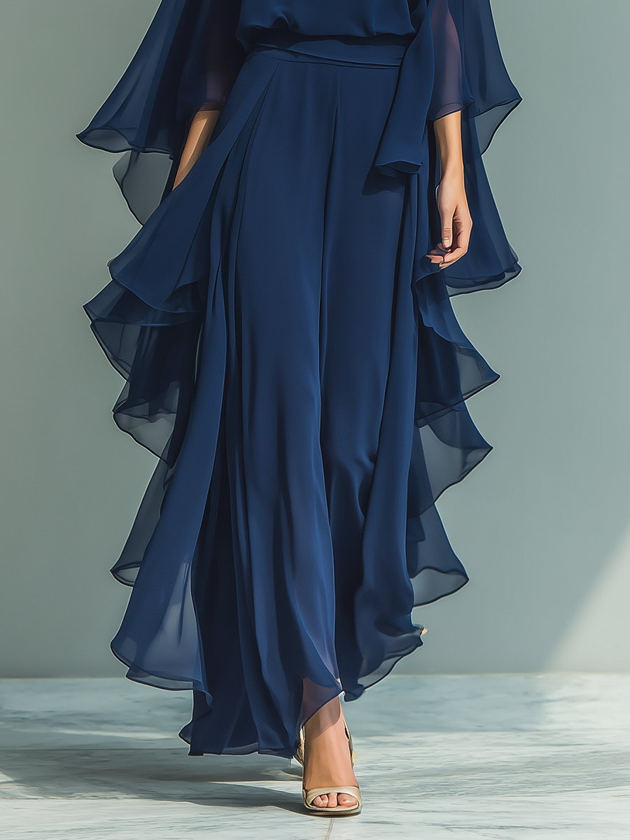 Margherita - Navy Blue Chiffon Set with Bell Sleeves and Ruffles