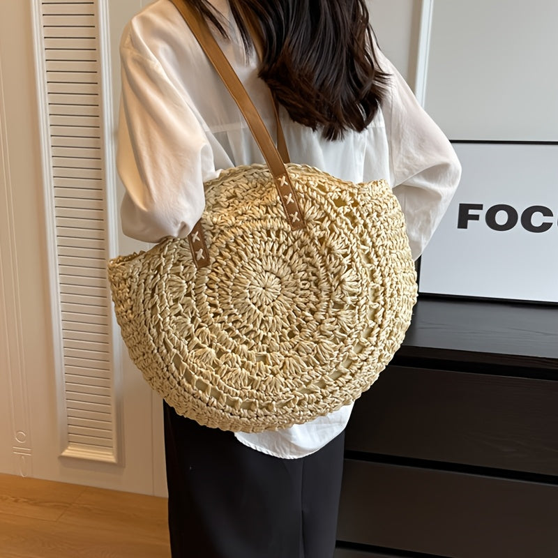 Luigia | Round Woven Straw Bag with Pattern — Natural Beige