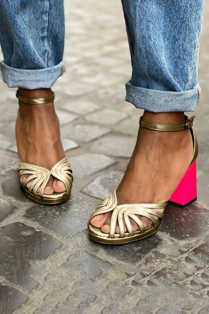 Elegant wide peep toe colour block heels with ankle strap and buckle