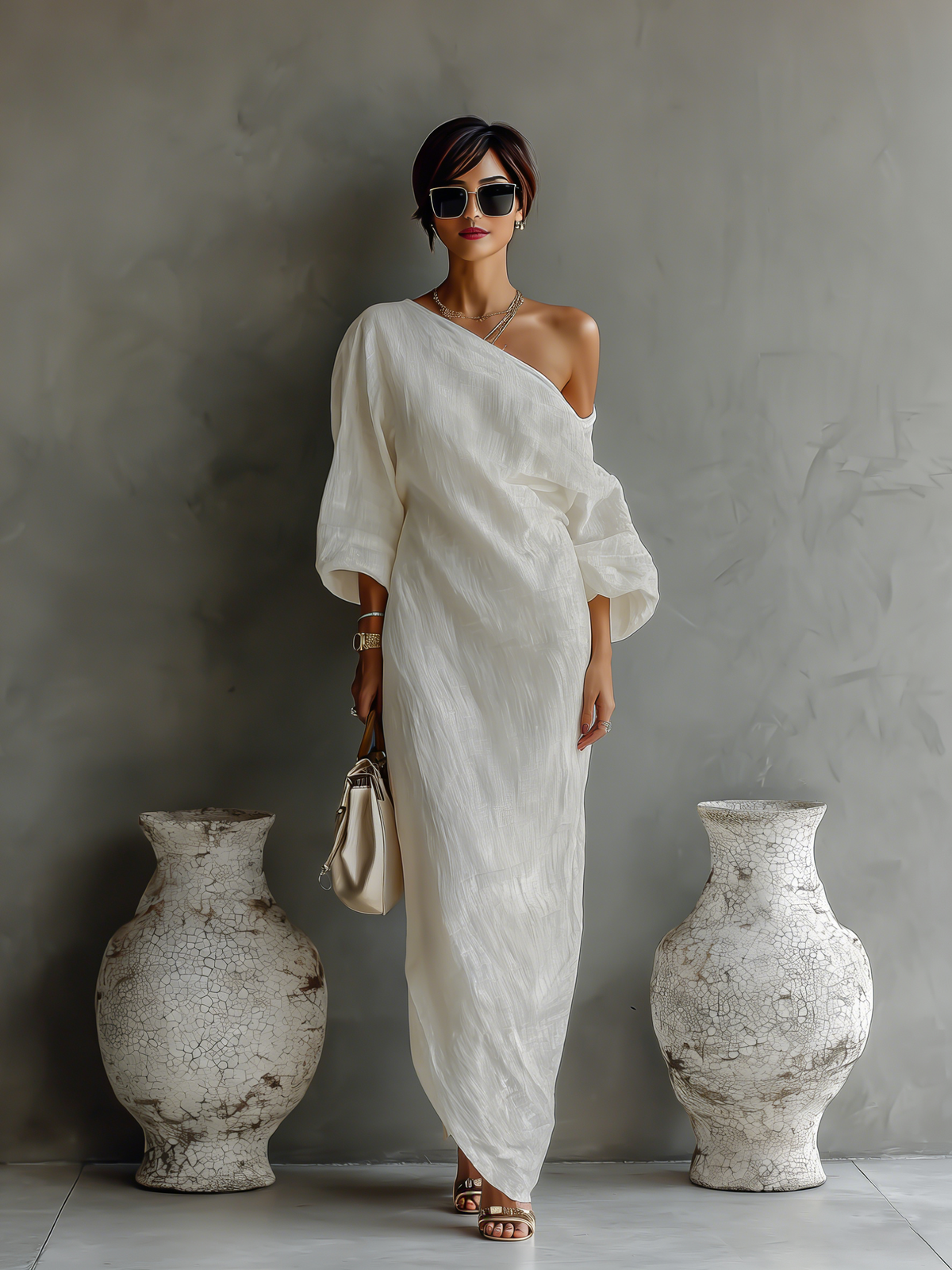 Rebecca - Ivory Flowing Dress with Off-the-Shoulder Design