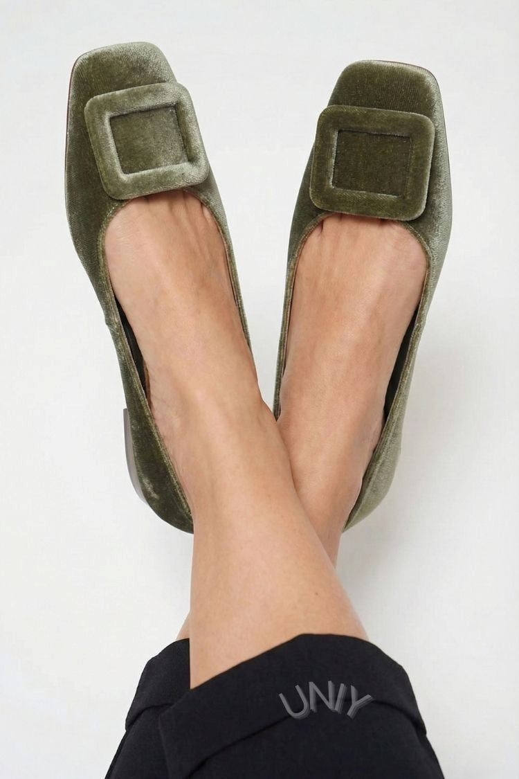 Square-Toed Velvet Ballerinas with Buckle