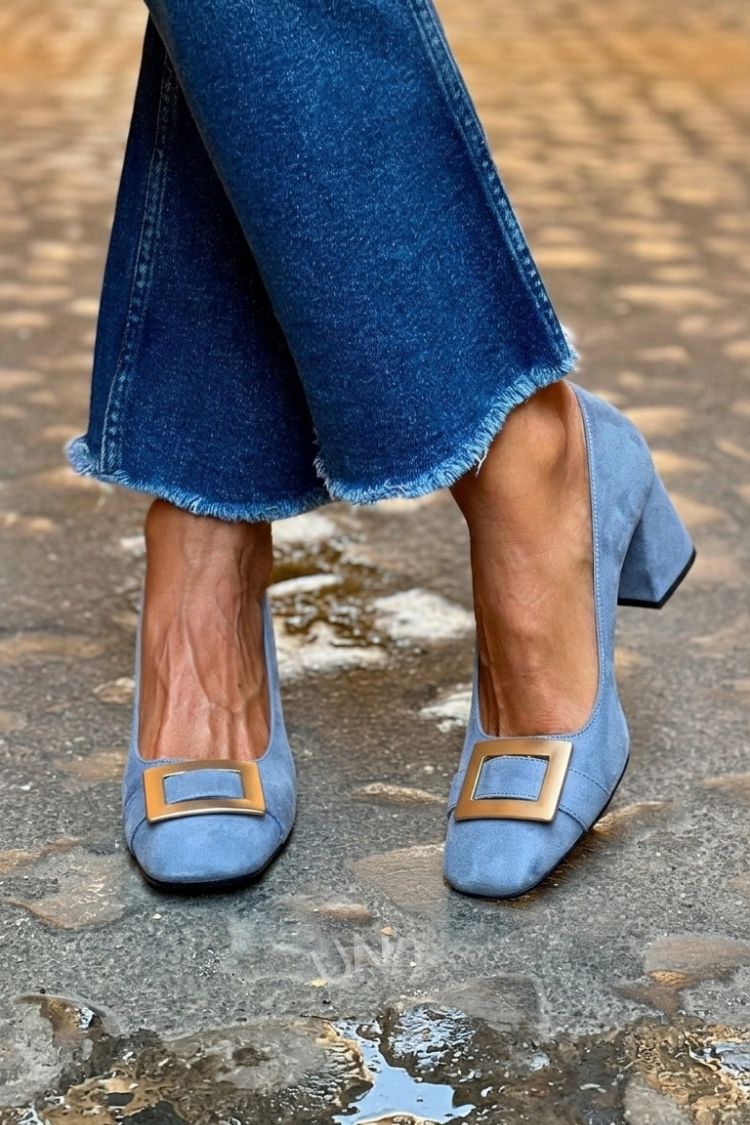 Wide Patchwork Heels Navy Blue with Square Toe