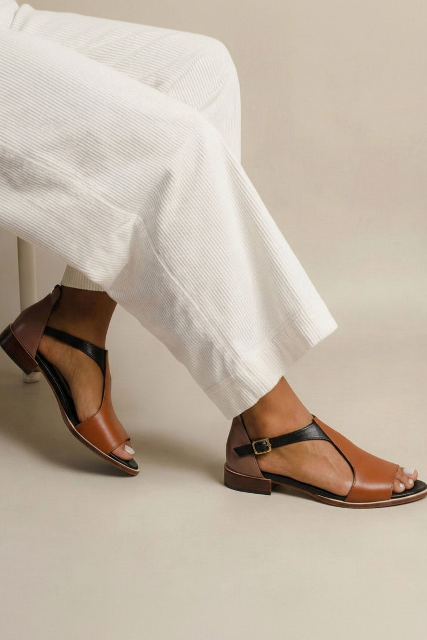 Brown PU Leather Summer Sandals with Ankle Strap