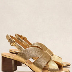Metallic Crossover Slingback Sandals with Block Heel