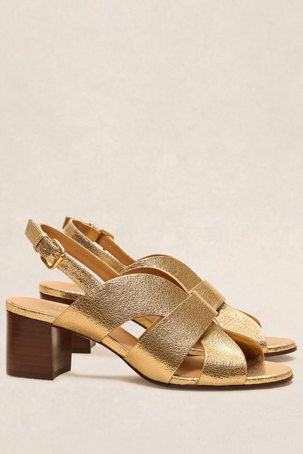 Metallic Crossover Slingback Sandals with Block Heel