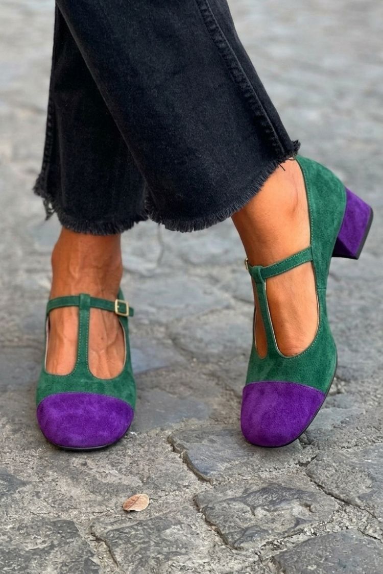 Wide Patchwork Red Round Toe Heels with Buckle and T-Bar