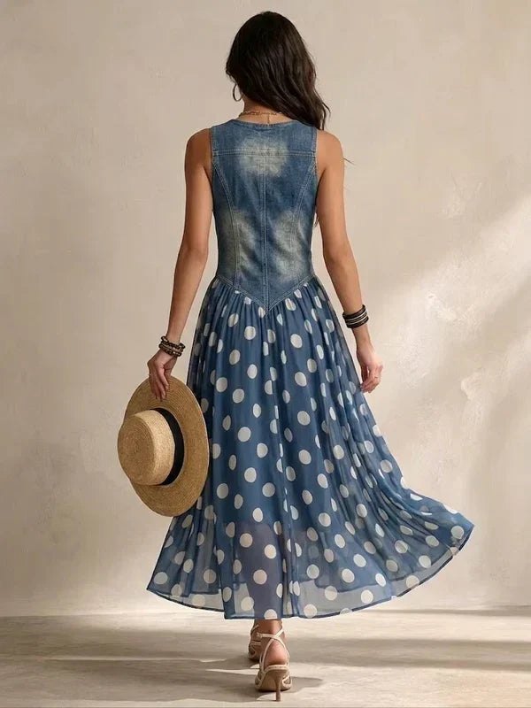 Elegant Denim Effect Dress with Polka Dot Chiffon Skirt