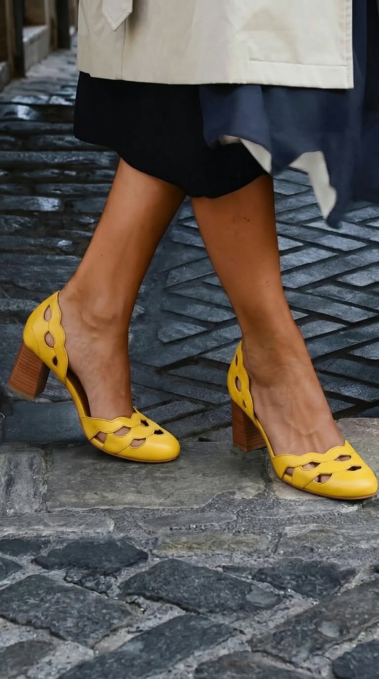 Chunky Cut-Out Scalloped Block Heels in Leather