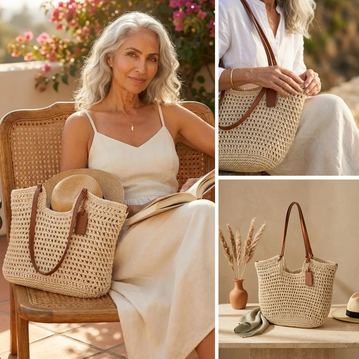 Alina | Hand-Woven Crochet Shopper Bag - Light Beige