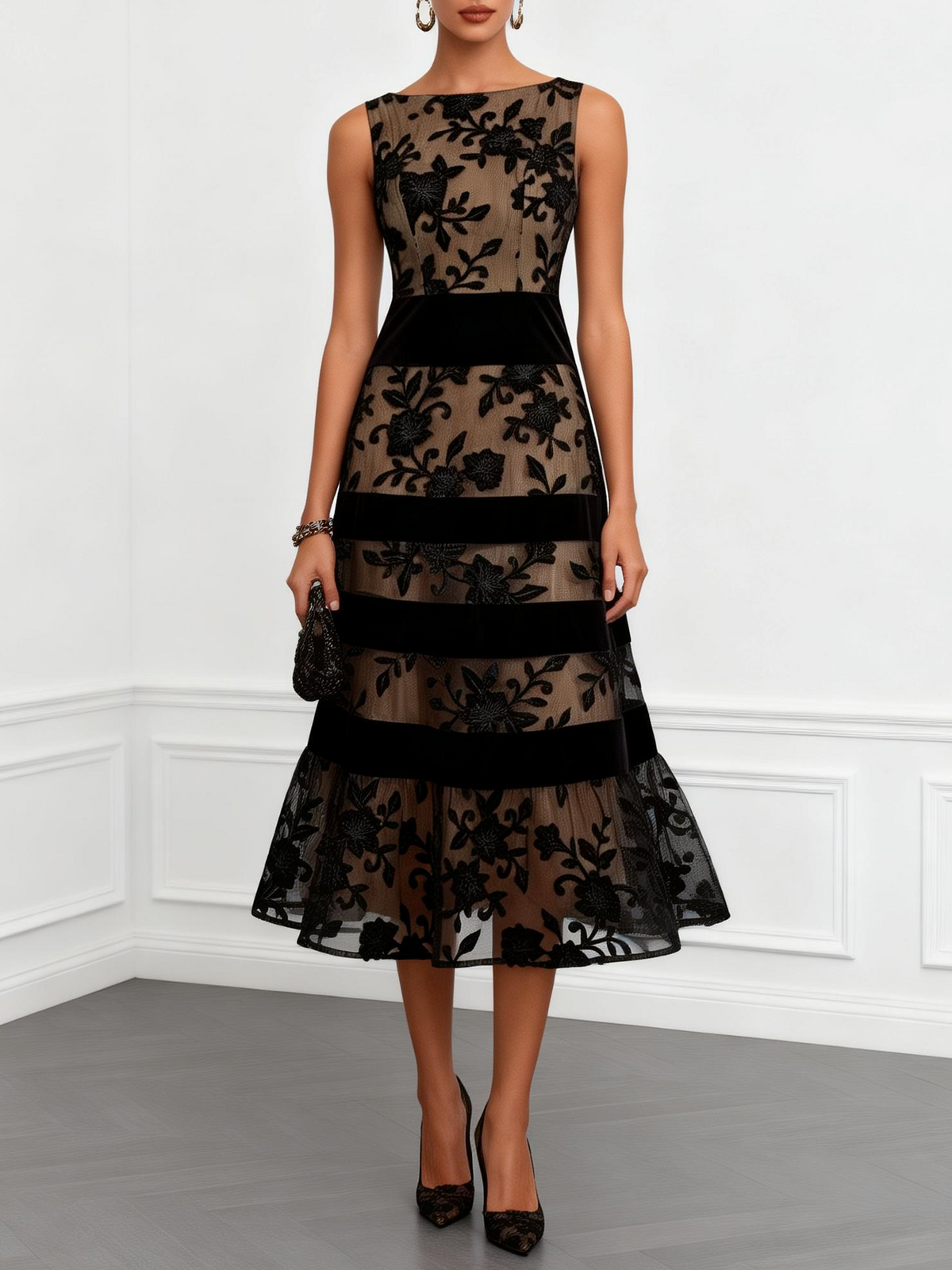 Solène | Black tulle midi trapeze dress with floral print and sleeveless design