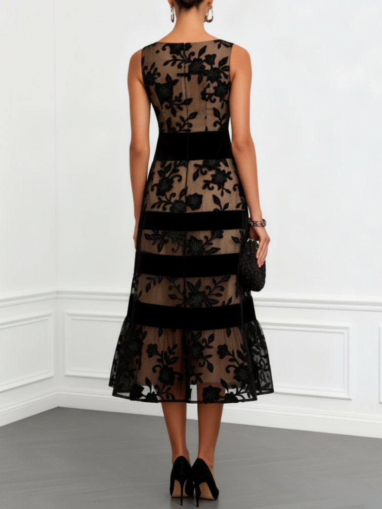 Solène | Black tulle midi trapeze dress with floral print and sleeveless design
