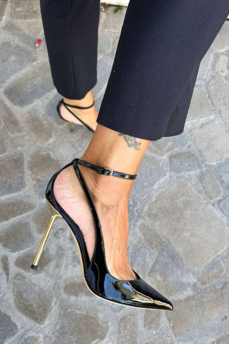Black Patent Stiletto Heels with Ankle Strap