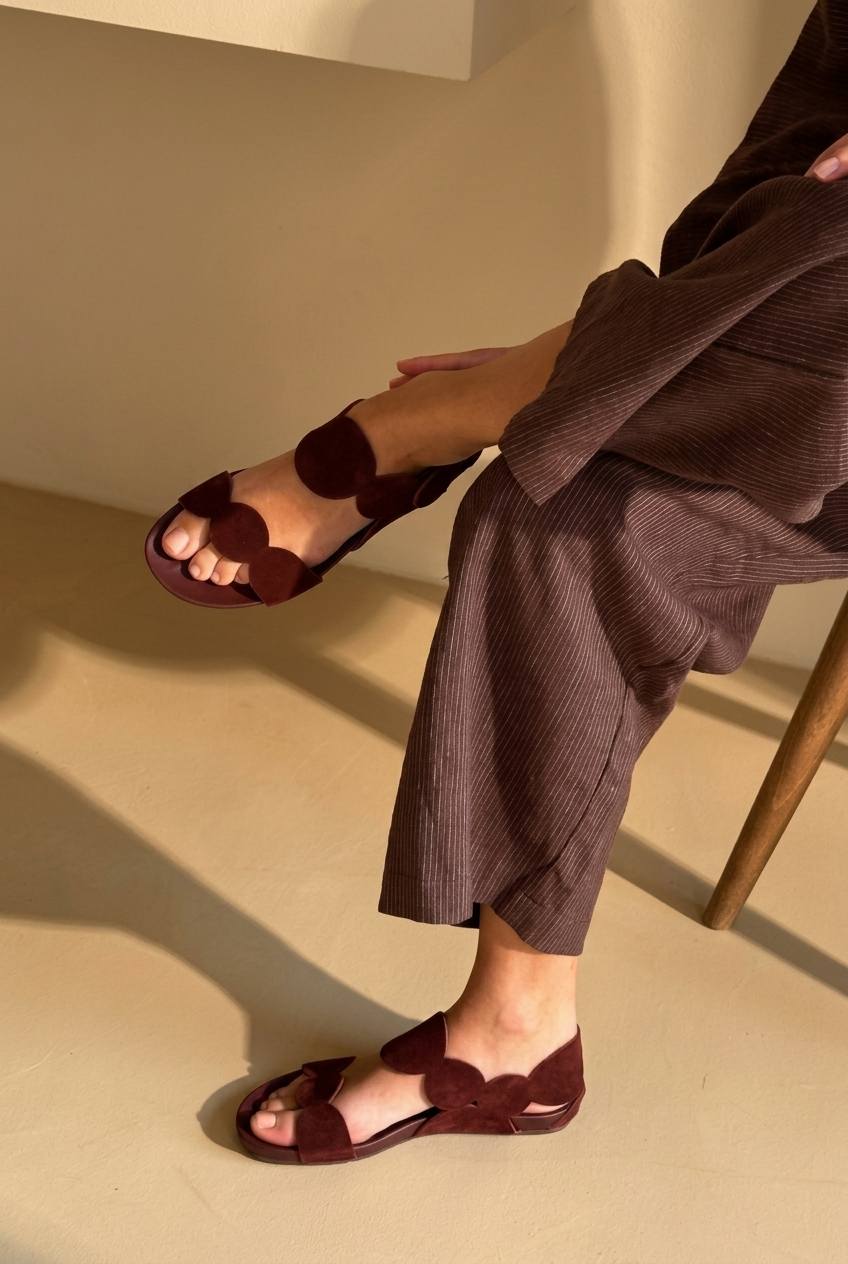 Burgundy Low Summer Boho Sandals with Scalloped Strap
