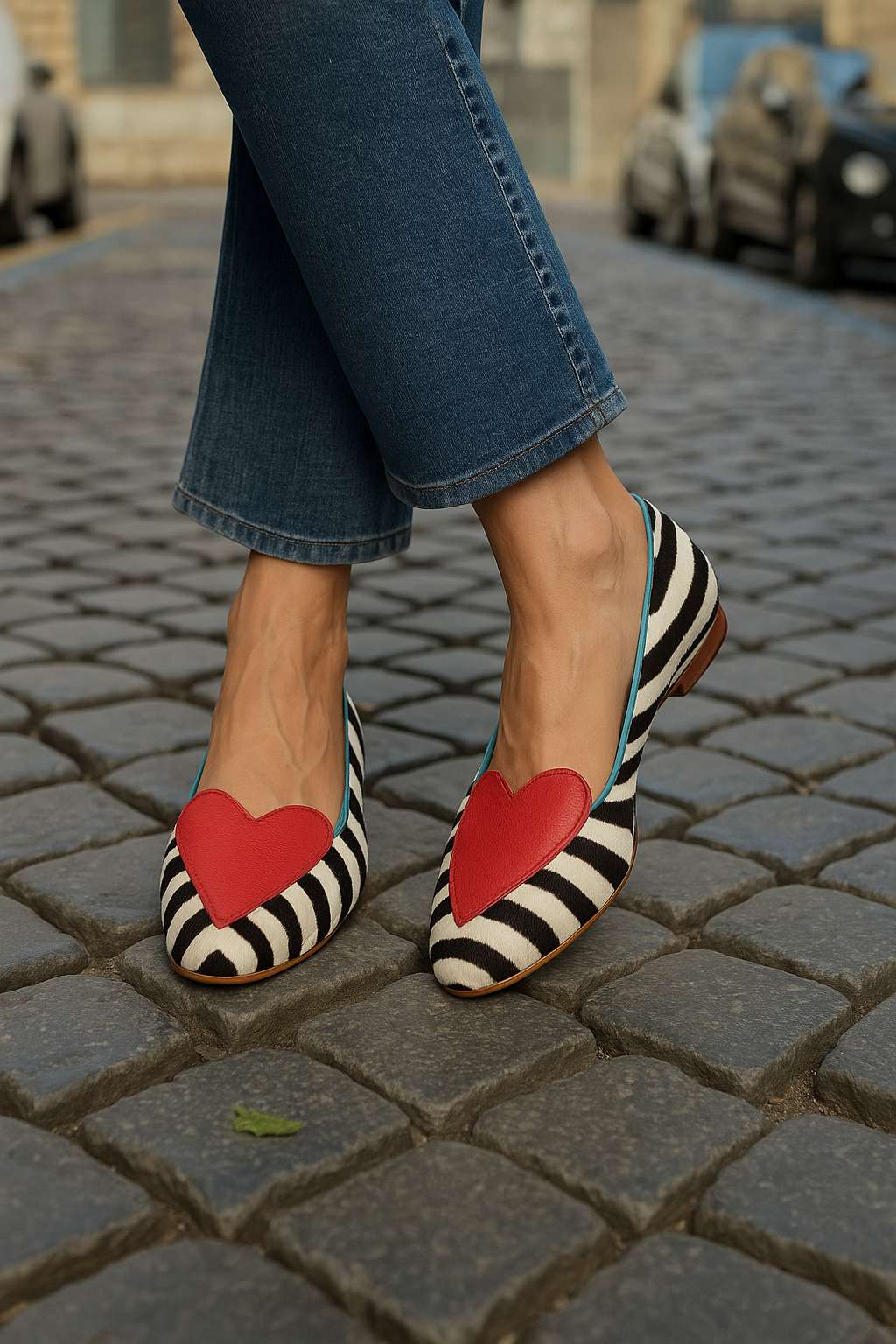 Casual Red Zebra Ballet Flats with Pointed Toe and Heart