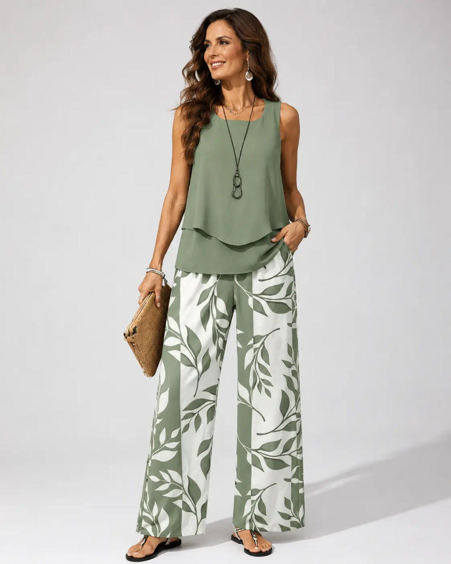 Petronila™ | Sage Green Botanical Blouse and Trousers Set