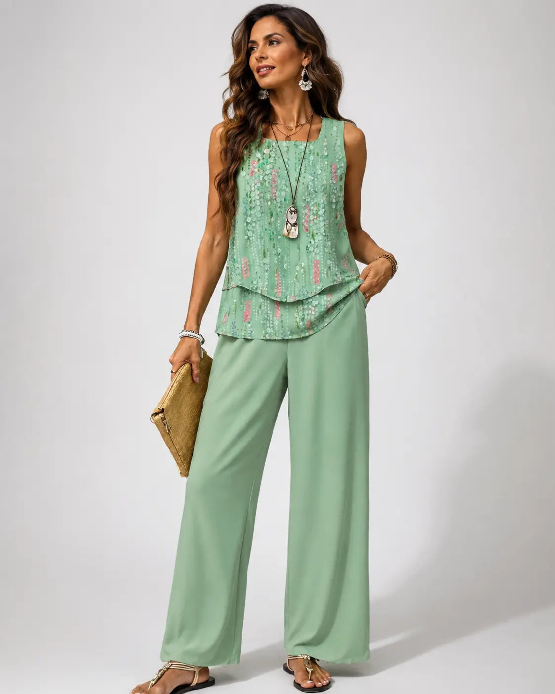 Maravillas™ | Mint Green Layered Top and Trousers Set