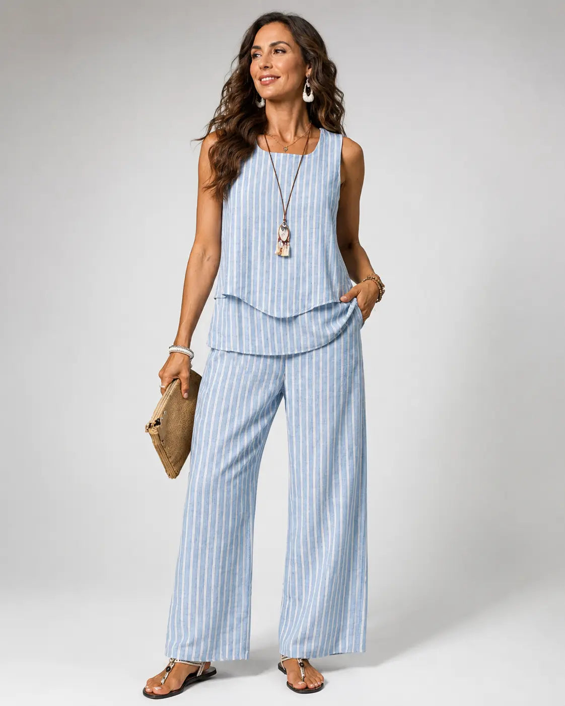 Nicolasa™ | Blue Striped Top and Wide Leg Trousers Set