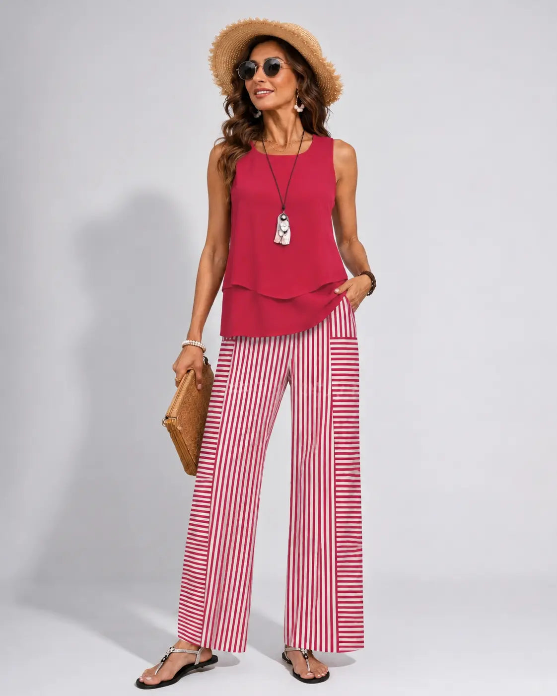 Ramona™ | Pink Set with Plain Top and Striped Trousers