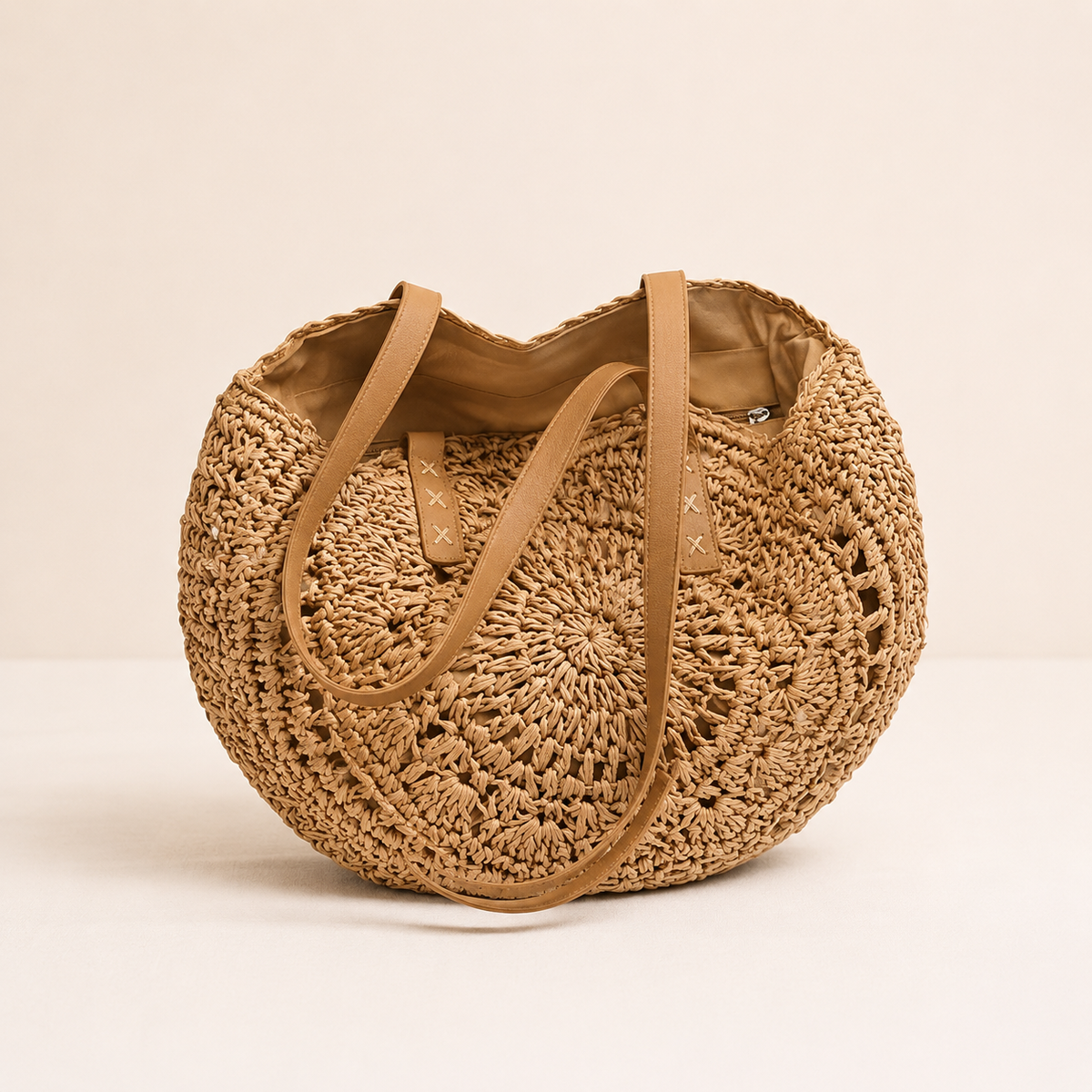 Lola | Round Woven Straw Bag with Pattern — Cognac