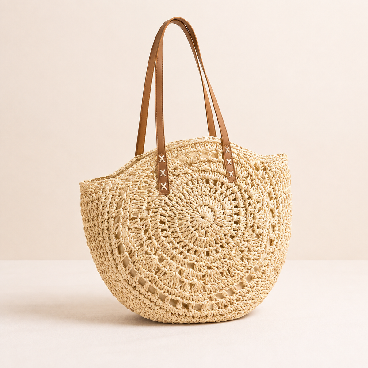 Luigia | Round Woven Straw Bag with Pattern — Natural Beige