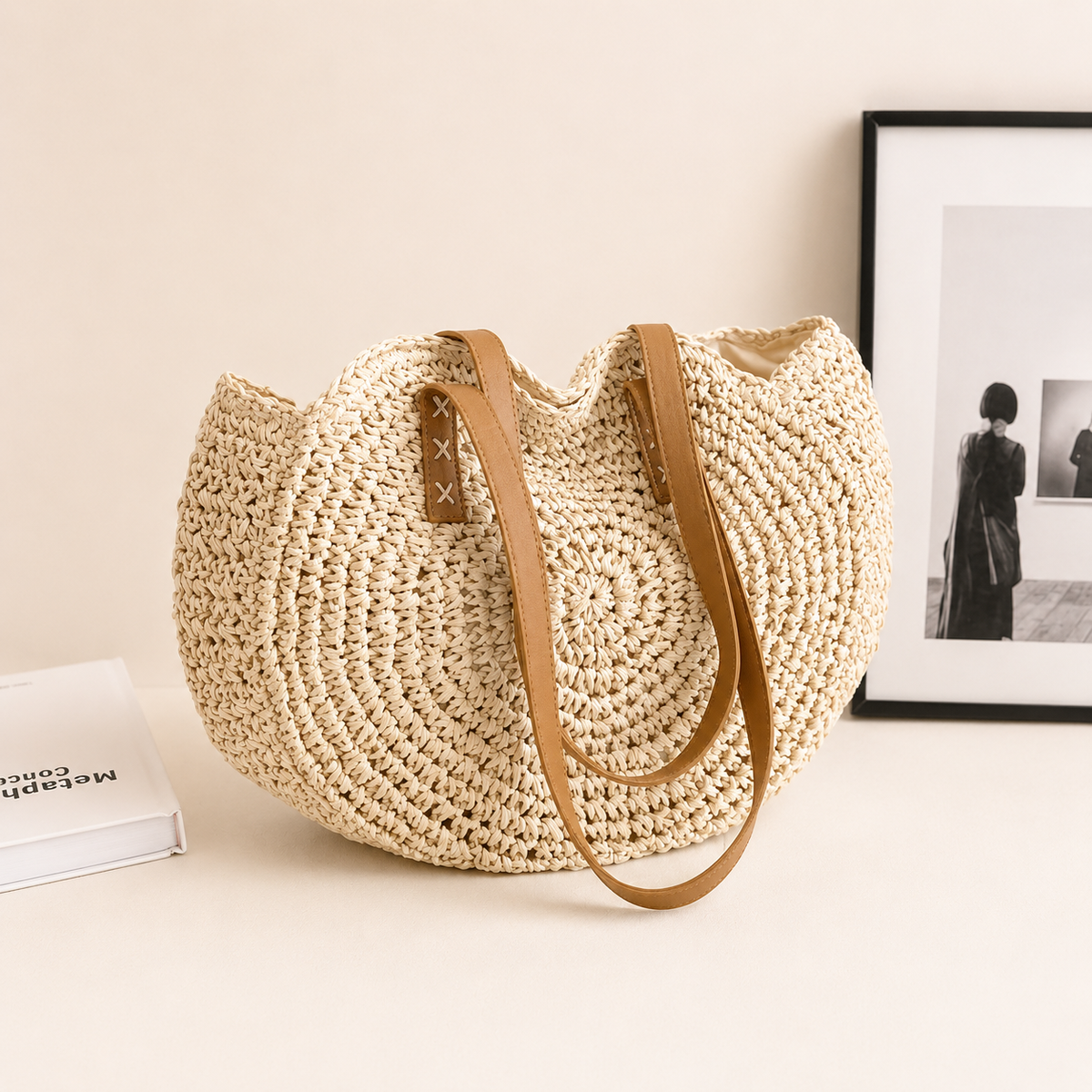 Lisa | Woven Straw Round Bag - Beige