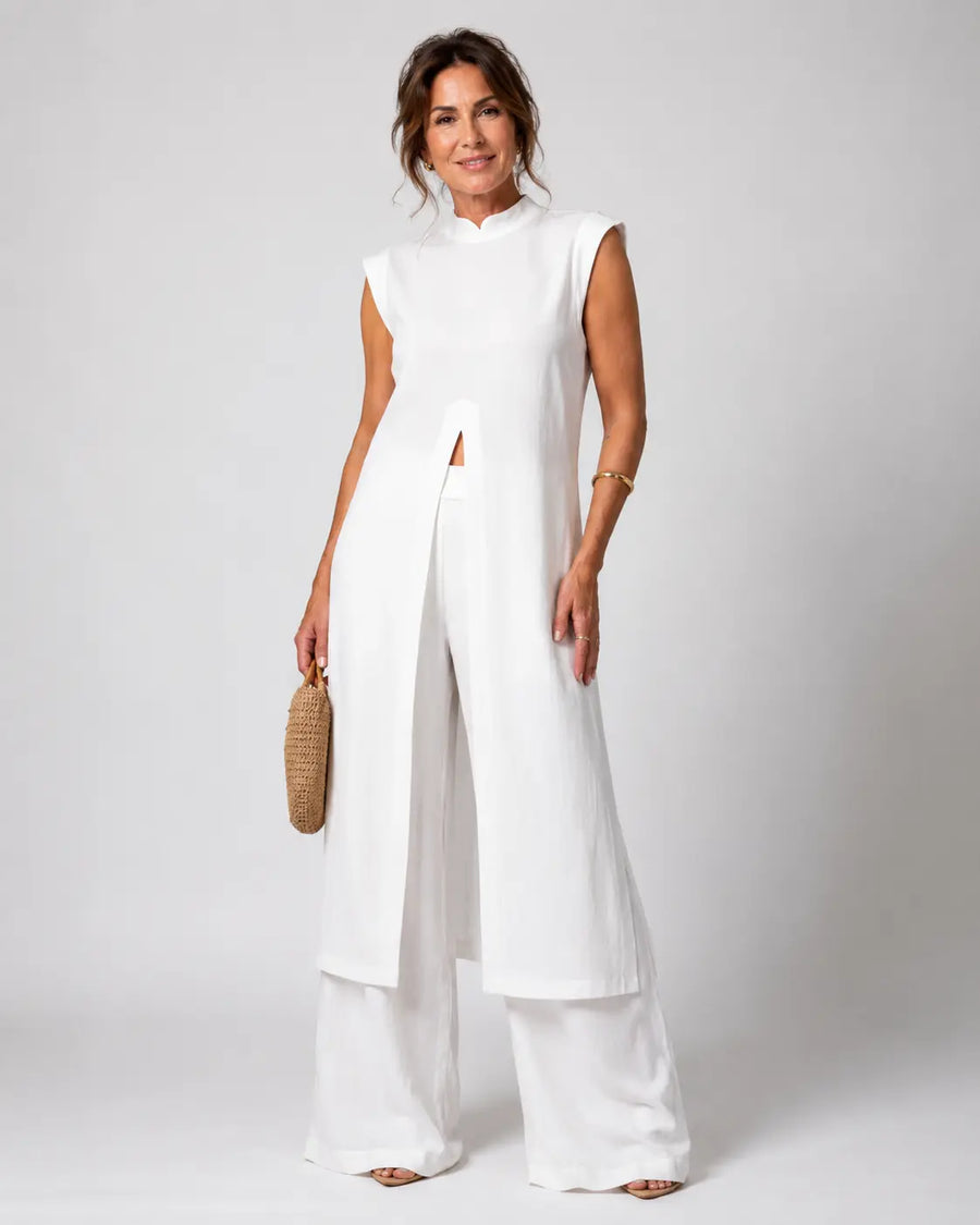 Benigna™ | White Ruffled Tunic and Trousers Set