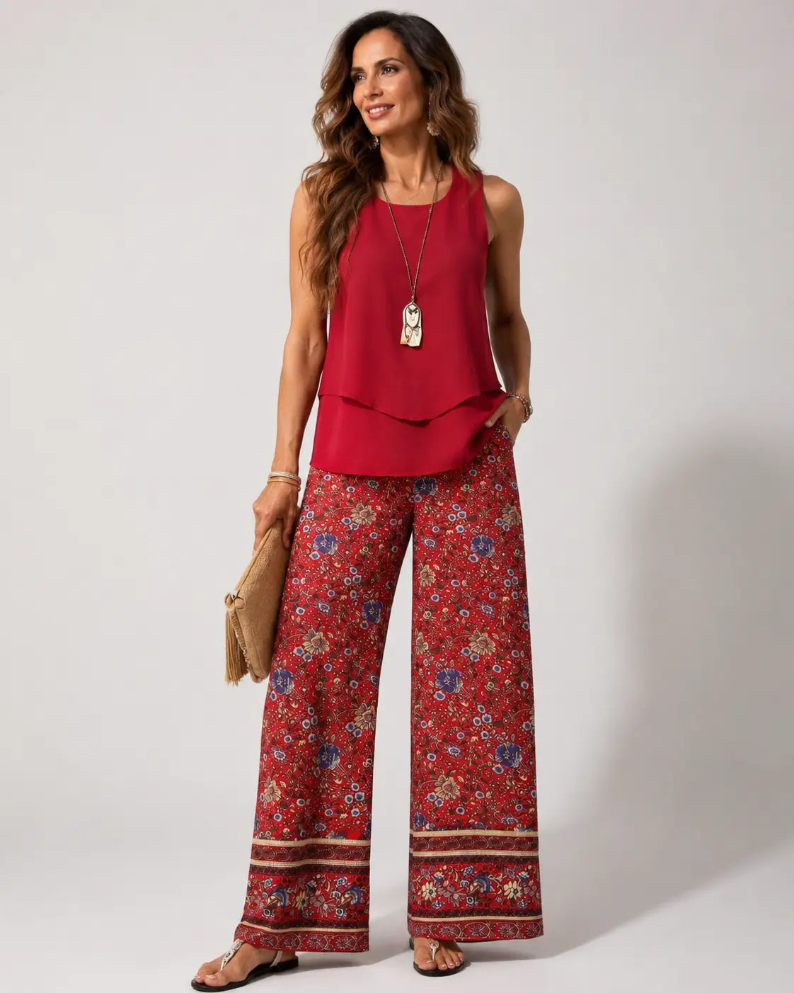Cayetana™ | Boho Layered Top and Floral Trousers Set