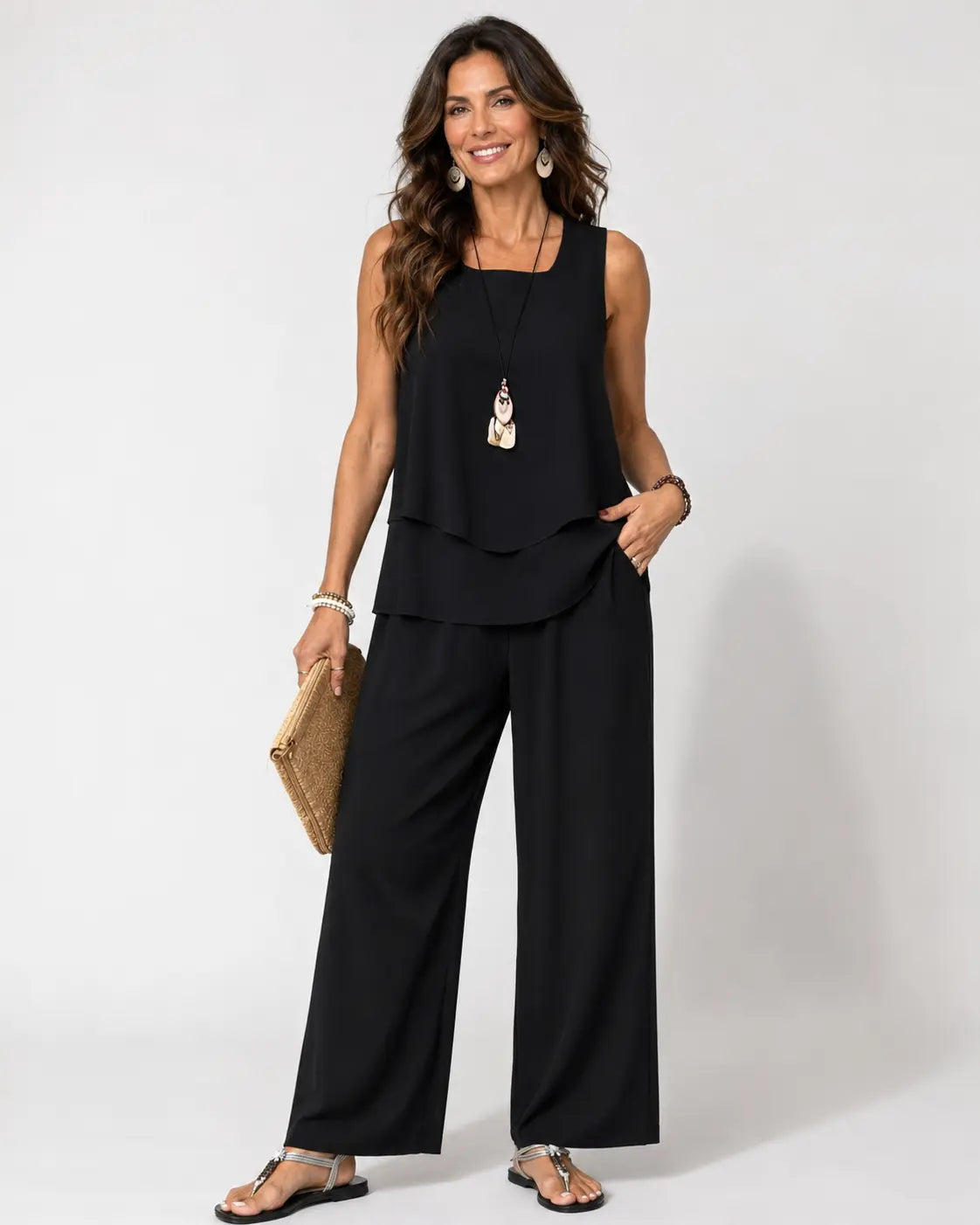 Eloísa™ | Black Layered Top and Wide Leg Trousers